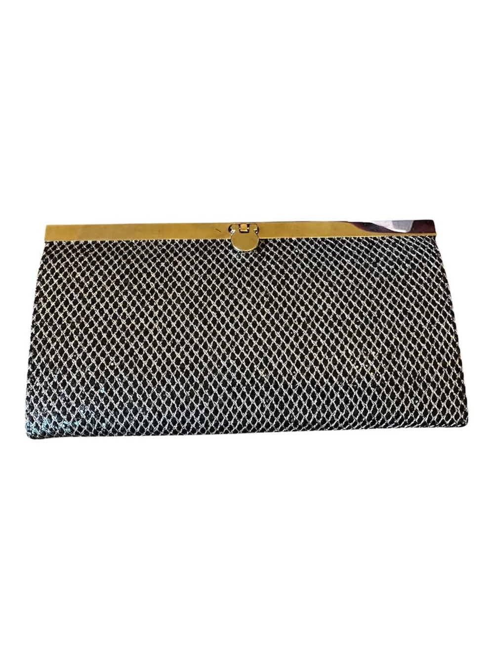 Bebe Black and Silver Mesh Evening Clutch with Silver Frame